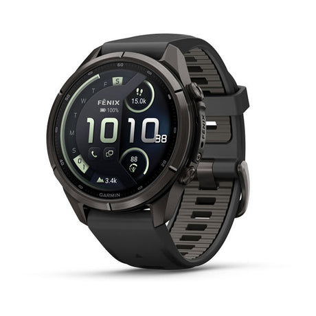 Garmin fenix 9 Pro – inReach, 43 mm Carbon Gray DLC Titanium with Black/Pebble Gray Silicone Band
