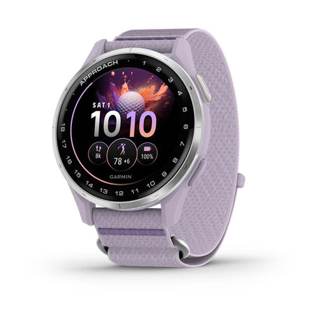 Garmin Approach J1 Junior GPS Golf Smartwatch – Silver Aluminum Bezel with Lilac ComfortFit Fabric Band