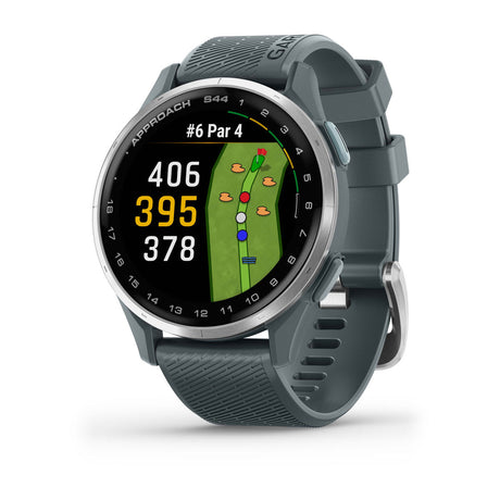 Garmin Approach S44 and S50 GPS Golf Smartwatch – S44: Golf Features / Silver Aluminum Bezel with Twilight Silicone Band