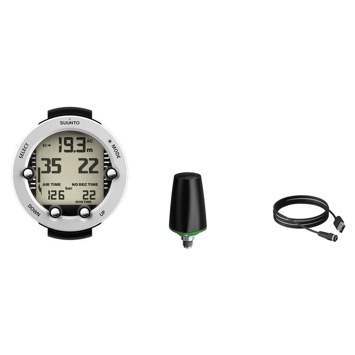 Suunto Vyper Novo Dive Computer + Wireless Tank Pressure Transmitter + USB Cable Package — White