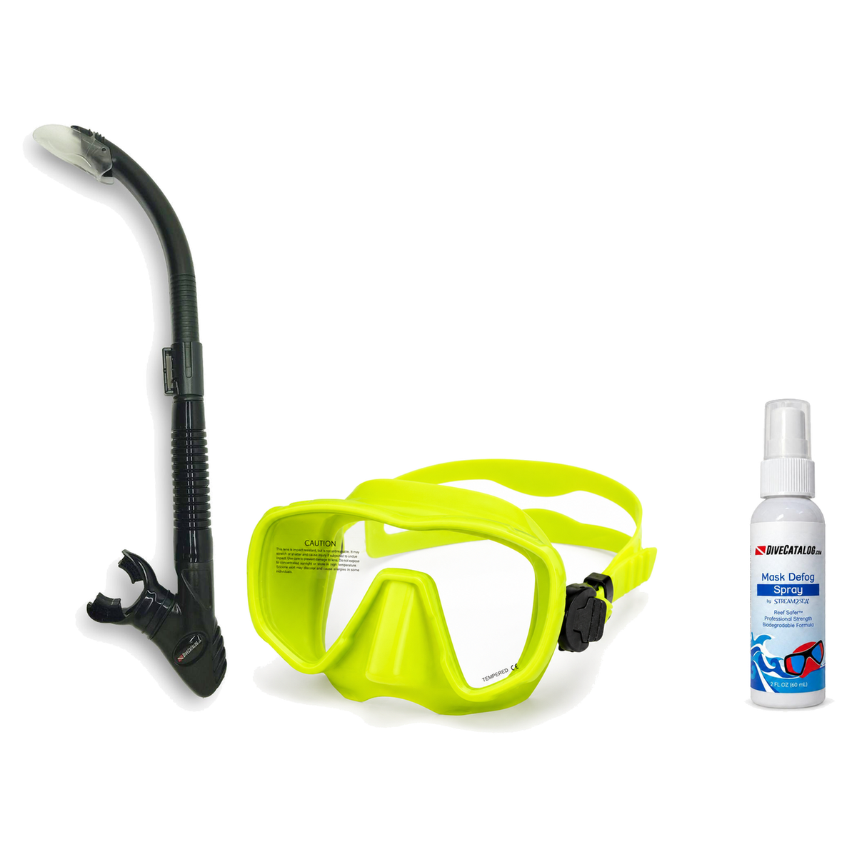 DiveCatalog Mask + Snorkel Package – Silicone Frameless Mask + Semi-Dry Snorkel + Free Mask Defog Spray — Fluorescent Yellow…