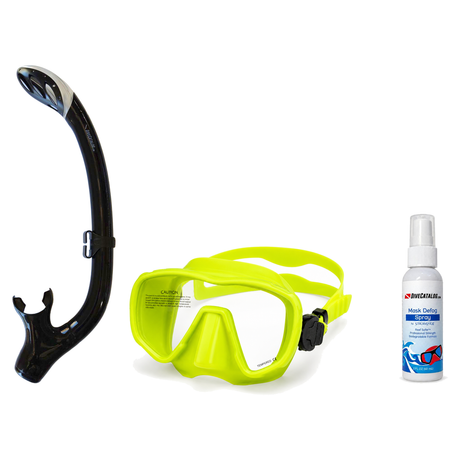 DiveCatalog Mask + Snorkel Package – Silicone Frameless Mask + Semi-Dry Snorkel + Free Mask Defog Spray — Fluorescent Yellow…