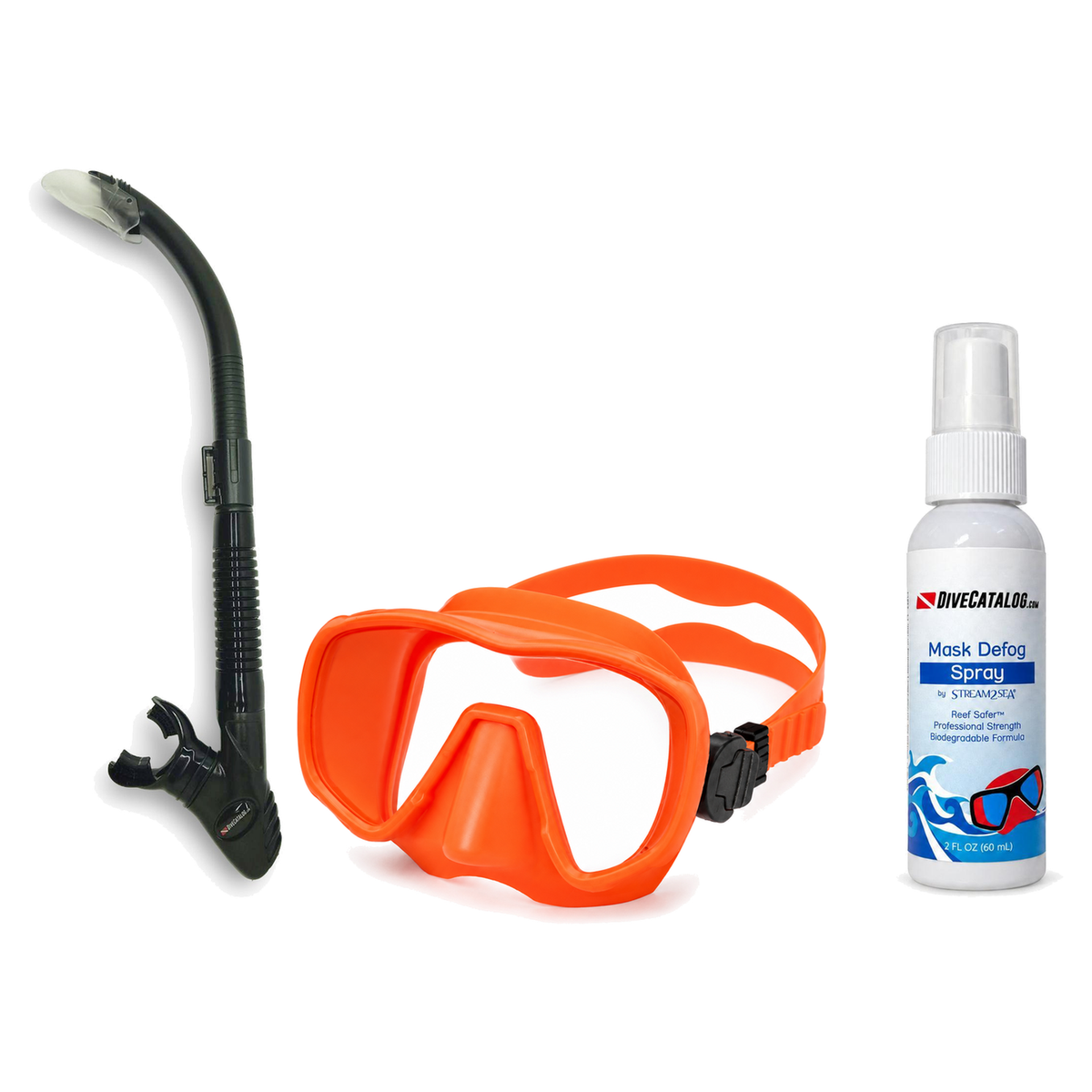 DiveCatalog Mask + Snorkel Package – Silicone Frameless Mask + Semi-Dry Snorkel + Free Mask Defog Spray — Orange, DiveCatalo…