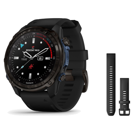 Garmin Descent Mk3i 43mm Dive Computer + QuickFit 20 Band Package — 43 mm, Carbon Gray DLC Titanium with Black Silicone Band