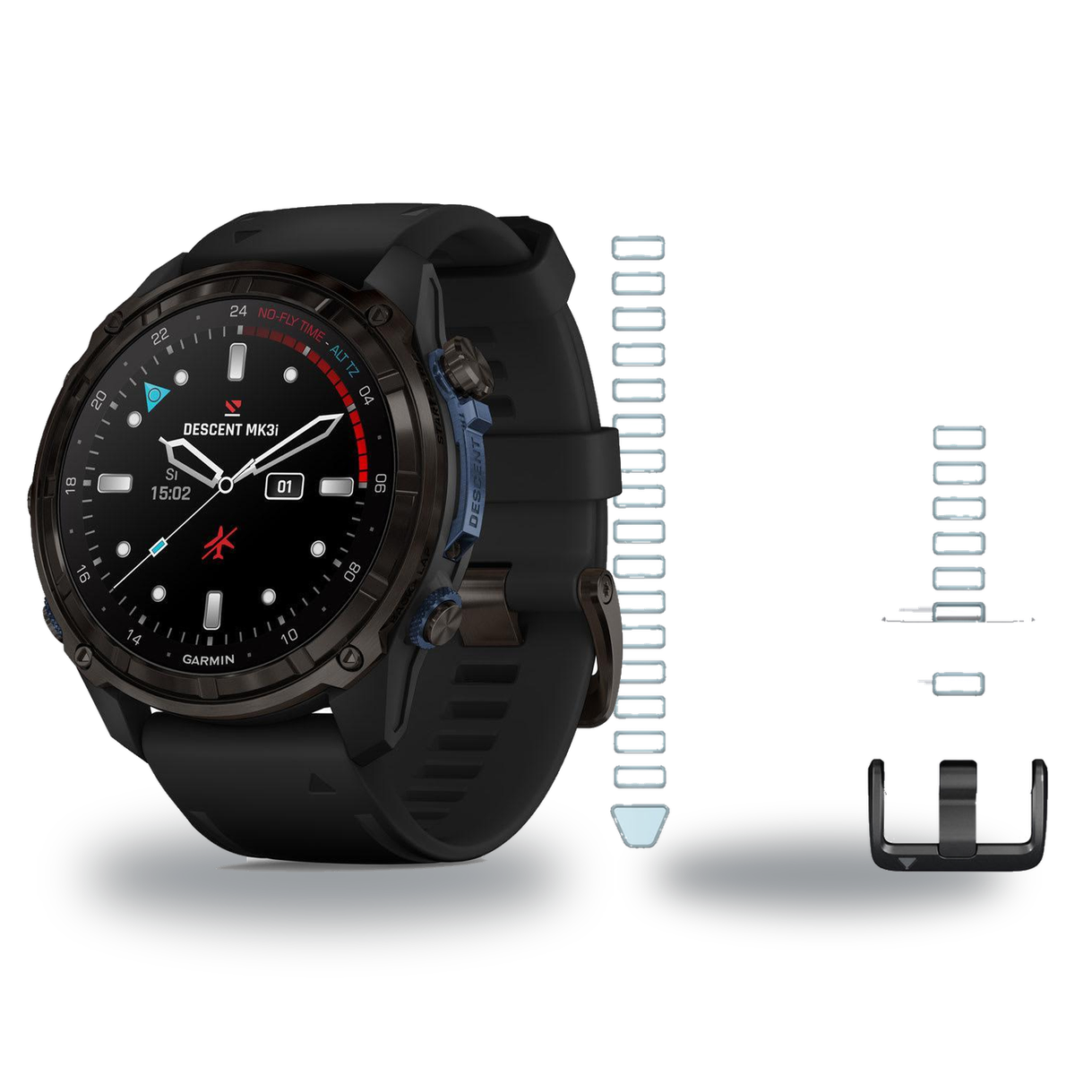 Garmin Descent Mk3i 43mm Dive Computer + QuickFit 20 Band Package — 43 mm, Carbon Gray DLC Titanium with Black Silicone Band