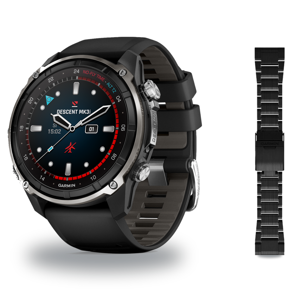 Garmin Descent Mk3i 51mm Dive Computer + QuickFit 26 Band Package — 51 mm, Silver and Black PVD Titanium with Black/Pebble G…