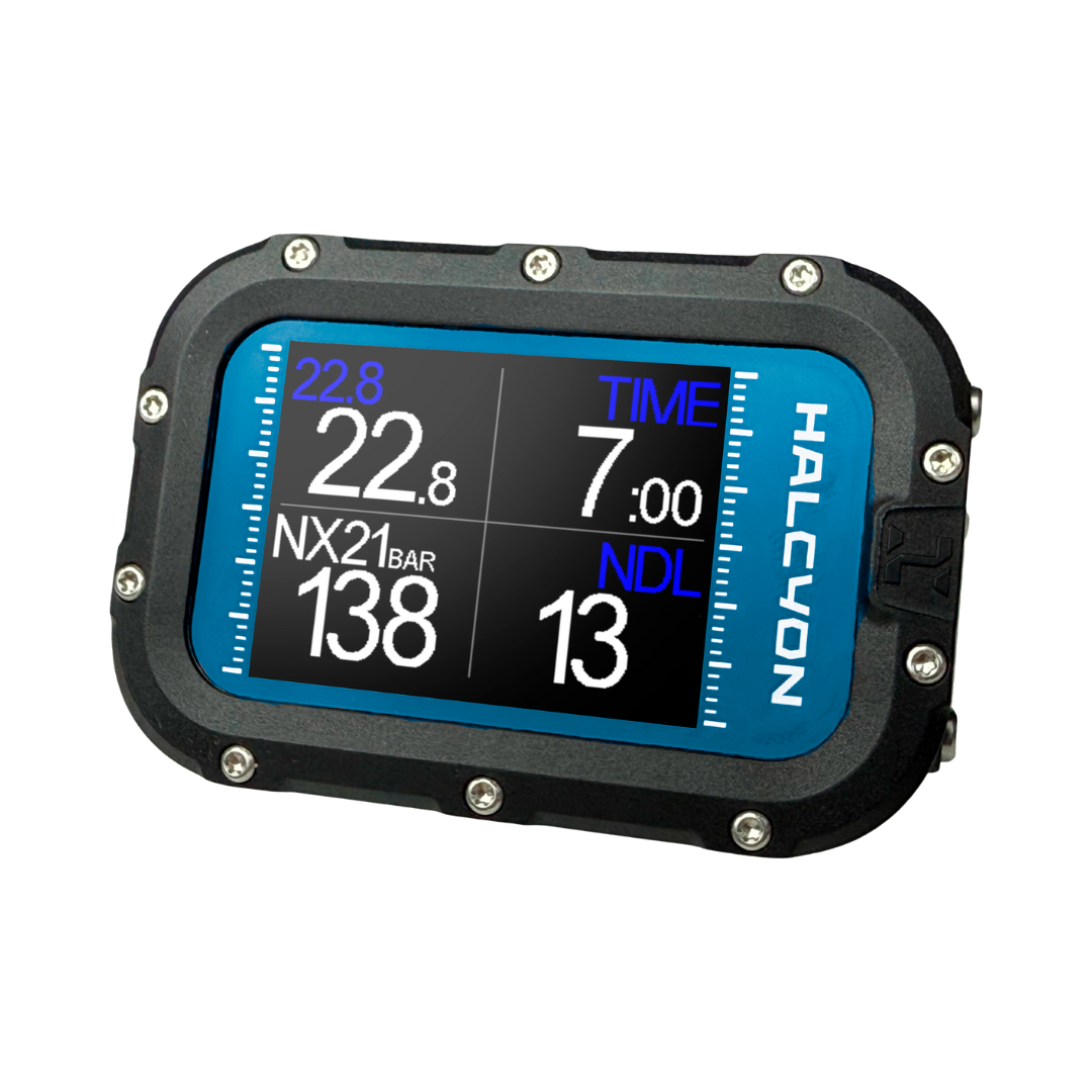 Halcyon Symbios Blue Handset dive computer angled view