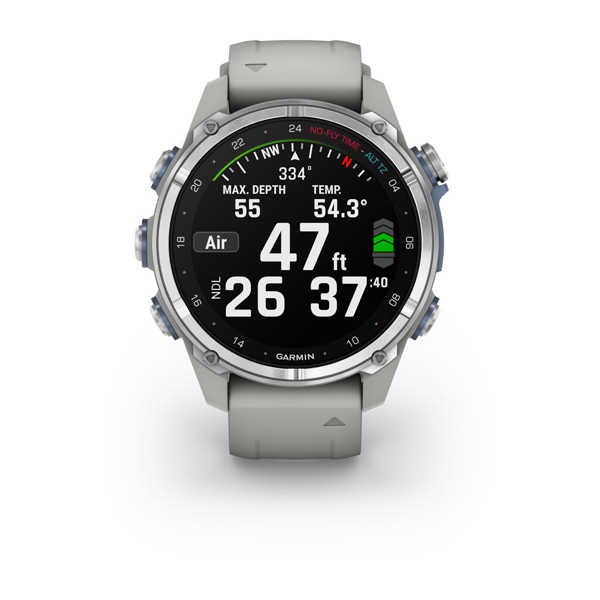 Garmin Descent Mk3 – 43 mm, Stainless Steel with Fog Gray Silicone Band-