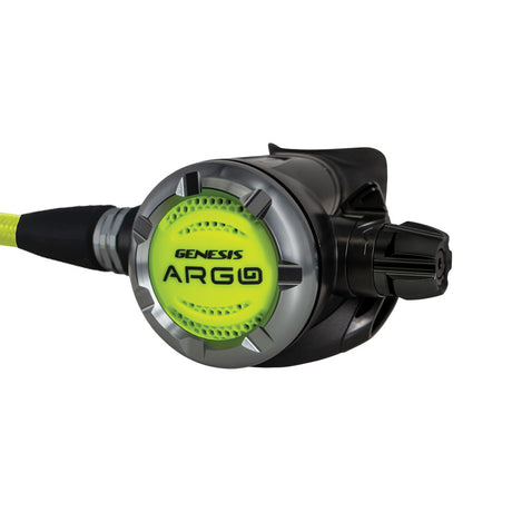 Genesis Argo Octo GS050 octopus regulator with yellow braided hose, three-quarter view