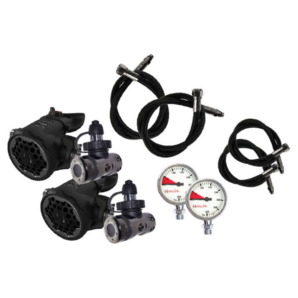 Hollis Sidemount Regulator Package – 2x DCX + 2x 200LX + Hoses + 2x Pressure Gauges + Necklace — DIN
