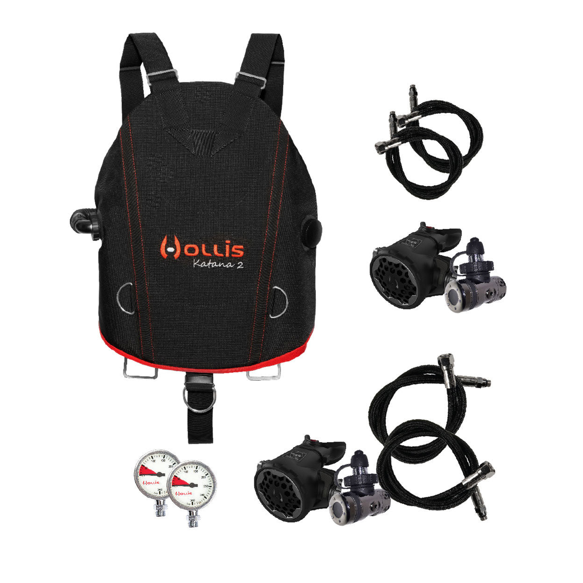 Hollis Sidemount Package – 2x DCX + 2x 200LX + Hoses + 2x Pressure Gauges + Necklace + SMS Katana 2 — includes Hollis DCX Fi…