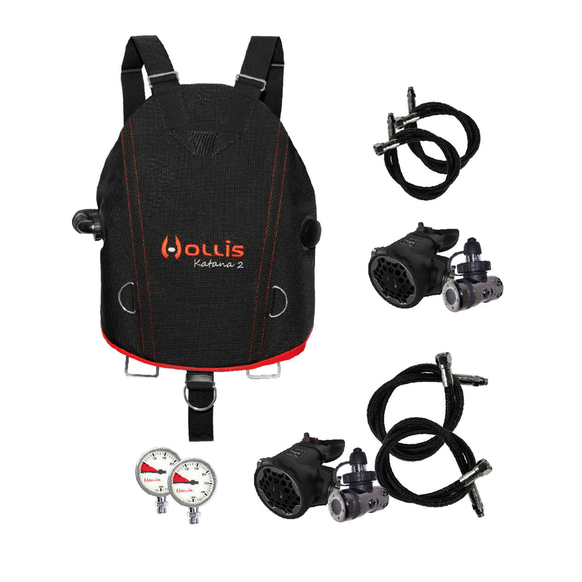 Hollis Sidemount Package – 2x DCX + 2x 200LX + Hoses + 2x Pressure Gauges + Necklace + SMS Katana 2 — DIN