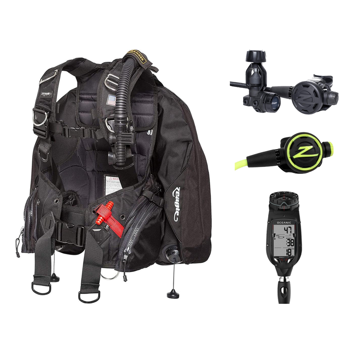Zeagle Elite Package – Ranger BCD + F8 Regulator + F8 Octopus + Oceanic Proplus 4.0 (QD/Compass) — includes Zeagle Ranger w/…