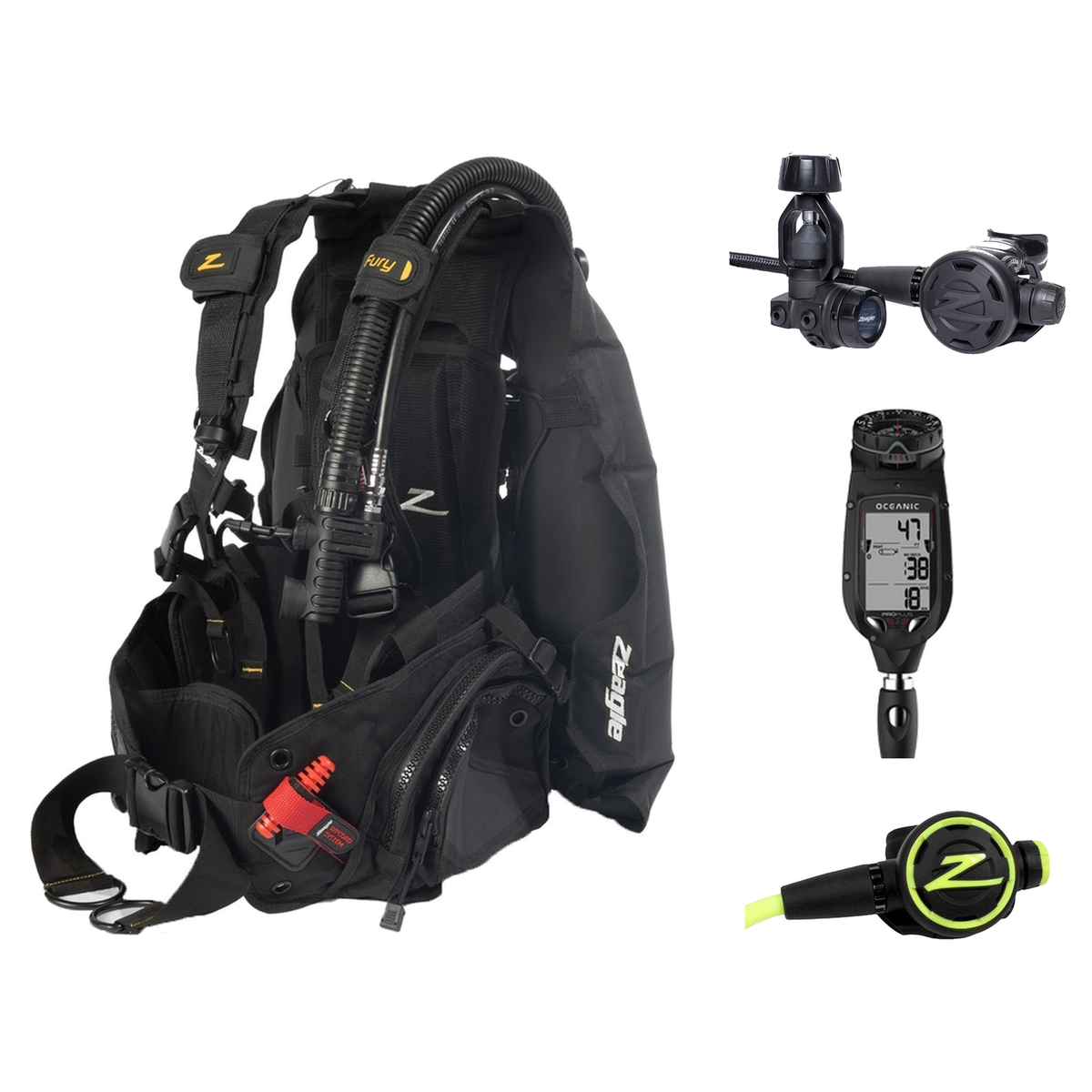 Zeagle Performance Package – Fury BCD + F8 Regulator + F8 Octopus + Oceanic Proplus 4.0 (Compass) — includes Zeagle Fury w/…