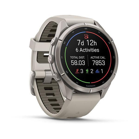 Garmin fenix 9 Pro – 43 mm, Titanium with Fog Gray/Dark Sandstone Silicone Band — left profile