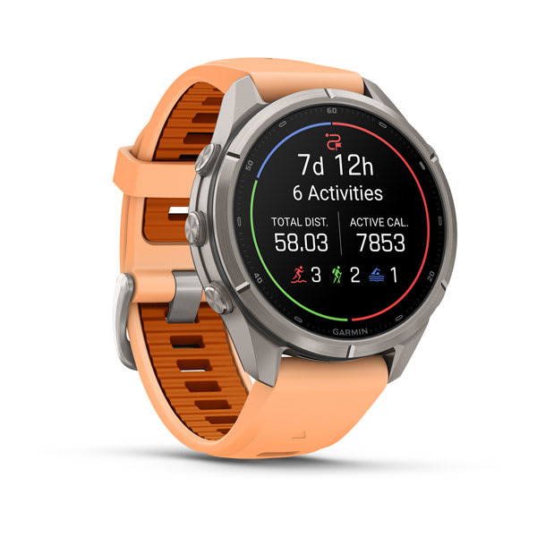 Garmin fenix 9 Pro – inReach, 43 mm Titanium with Shell Pink/Autumn Orange Silicone Ban — left profile