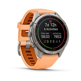 Garmin fenix 9 Pro – inReach, 43 mm Titanium with Shell Pink/Autumn Orange Silicone Ban — left profile