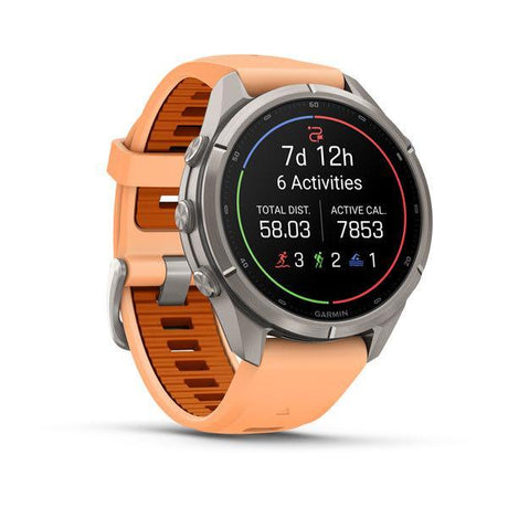Garmin fenix 9 Pro – inReach, 43 mm Titanium with Shell Pink/Autumn Orange Silicone Ban — left profile
