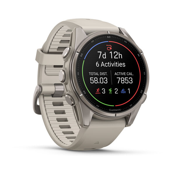 Garmin fenix 9 – 43 mm, Titanium with Fog Gray Silicone Band — left profile