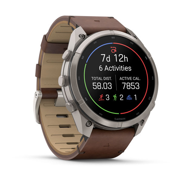 Garmin fenix 9 Pro – inReach, 51 mm Titanium with Walnut Leather Band — left profile