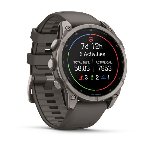 Garmin fenix 9 – 47 mm, Titanium with Pebble Gray Silicone Band — left profile