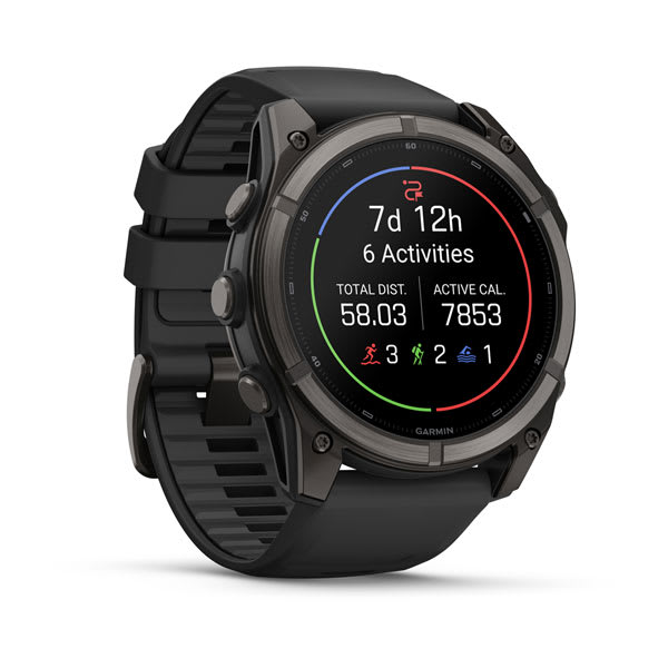 Garmin fenix 9 – 51mm, Carbon Gray DLC Titanium with Black Silicone Band — left profile