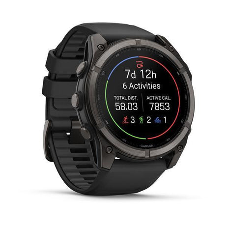 Garmin fenix 9 – 51mm, Carbon Gray DLC Titanium with Black Silicone Band — left profile