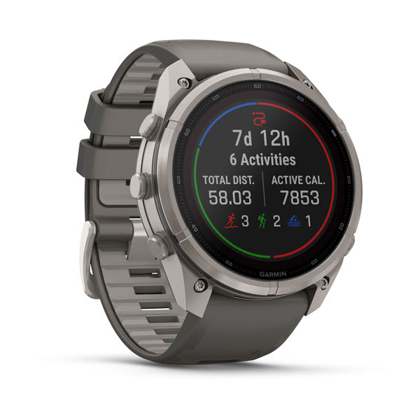 Garmin fenix 9 Pro – inReach, Solar, 51 mm Titanium with Pebble Gray/Silver Gray Silico — left profile