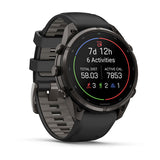 Garmin fenix 9 Pro – inReach, 47 mm Carbon Gray DLC Titanium with Black/Pebble Gray Sil — left profile