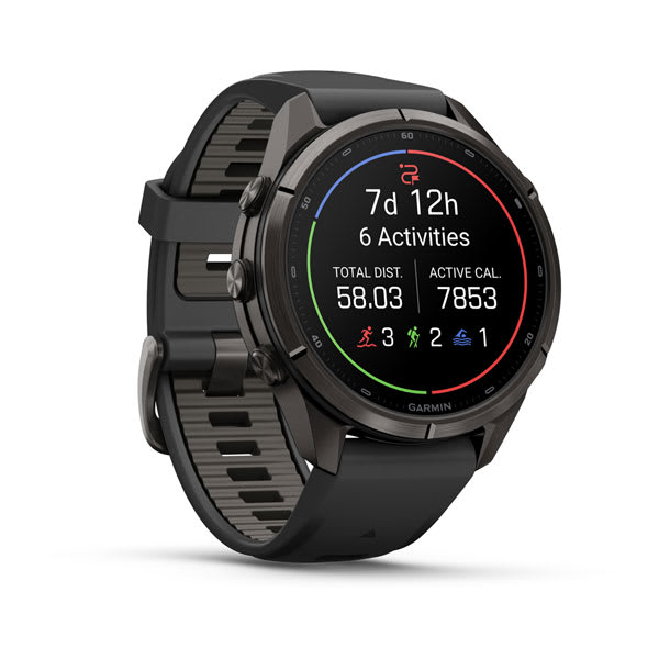Garmin fenix 9 Pro – inReach, 43 mm Carbon Gray DLC Titanium with Black/Pebble Gray Sil — left profile