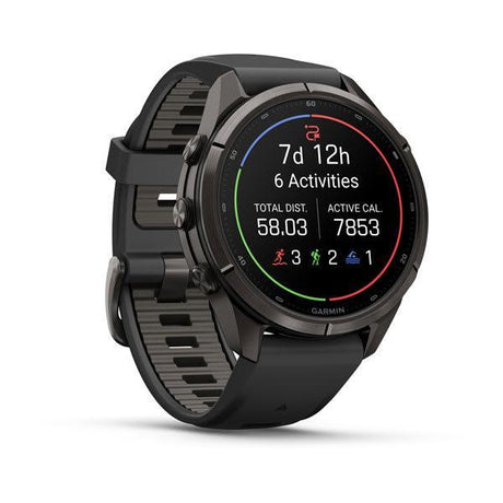 Garmin fenix 9 Pro – inReach, 43 mm Carbon Gray DLC Titanium with Black/Pebble Gray Sil — left profile