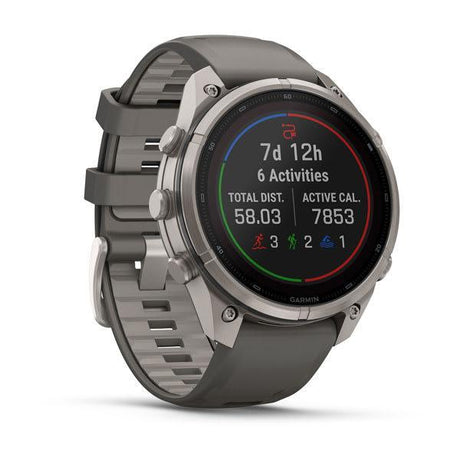 Garmin fenix 9 Pro – Solar, 47 mm Titanium with Pebble Gray/Silver Gray Silicone Band — left profile