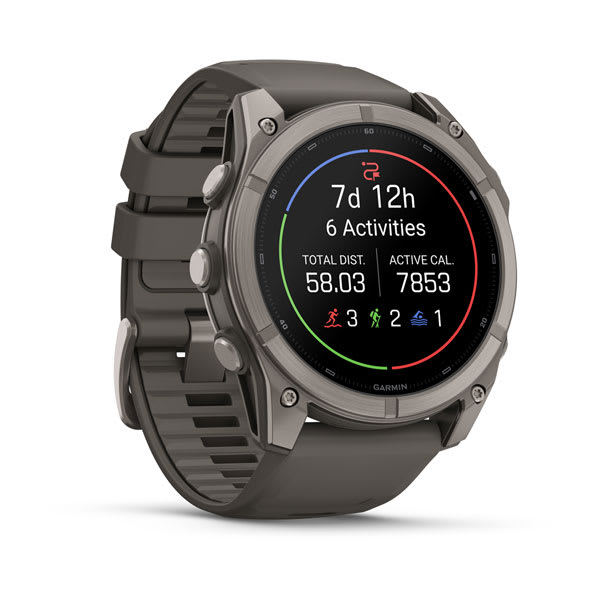 Garmin fenix 9 – 51mm, Titanium with Pebble Gray Silicone Band — left profile