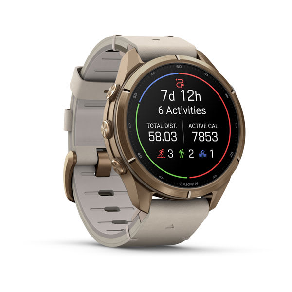 Garmin fenix 9 Pro – inReach, 43 mm Autumn Gold Titanium with Bone Leather Band — left profile