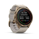 Garmin fenix 9 Pro – inReach, 43 mm Autumn Gold Titanium with Bone Leather Band — left profile