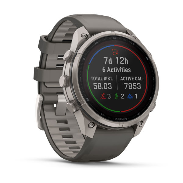 Garmin fenix 9 Pro – inReach, Solar, 47 mm Titanium with Pebble Gray/Silver Gray Silico — left profile