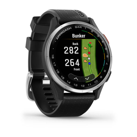 Garmin Approach S44 and S50 GPS Golf Smartwatch – S44: Golf Features / Silver Aluminum Bezel with Black Silicone Band