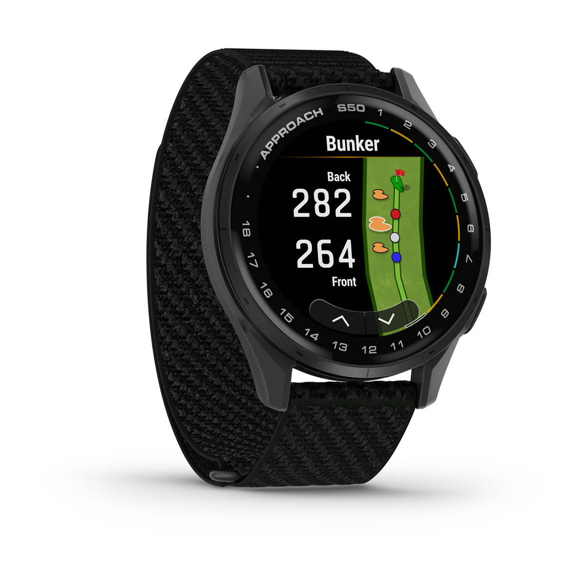 Garmin Approach S44 and S50 GPS Golf Smartwatch – S50: Golf & Fitness Features / Slate Aluminum Bezel with Black Nylon Band