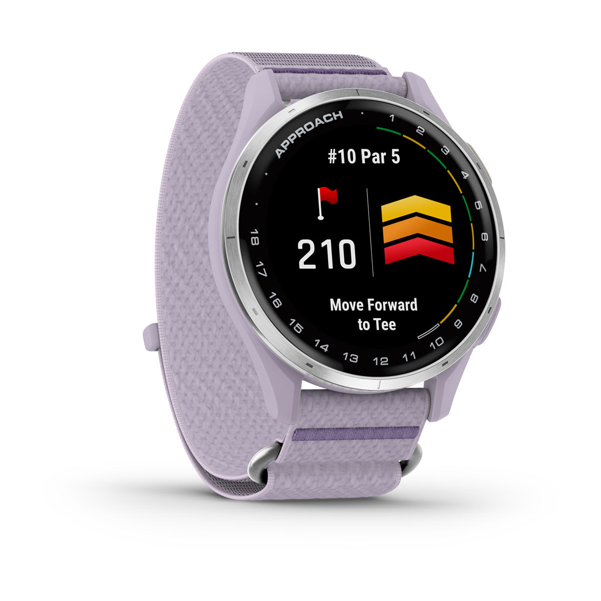 Garmin Approach J1 Junior GPS Golf Smartwatch – Silver Aluminum Bezel with Lilac ComfortFit Fabric Band