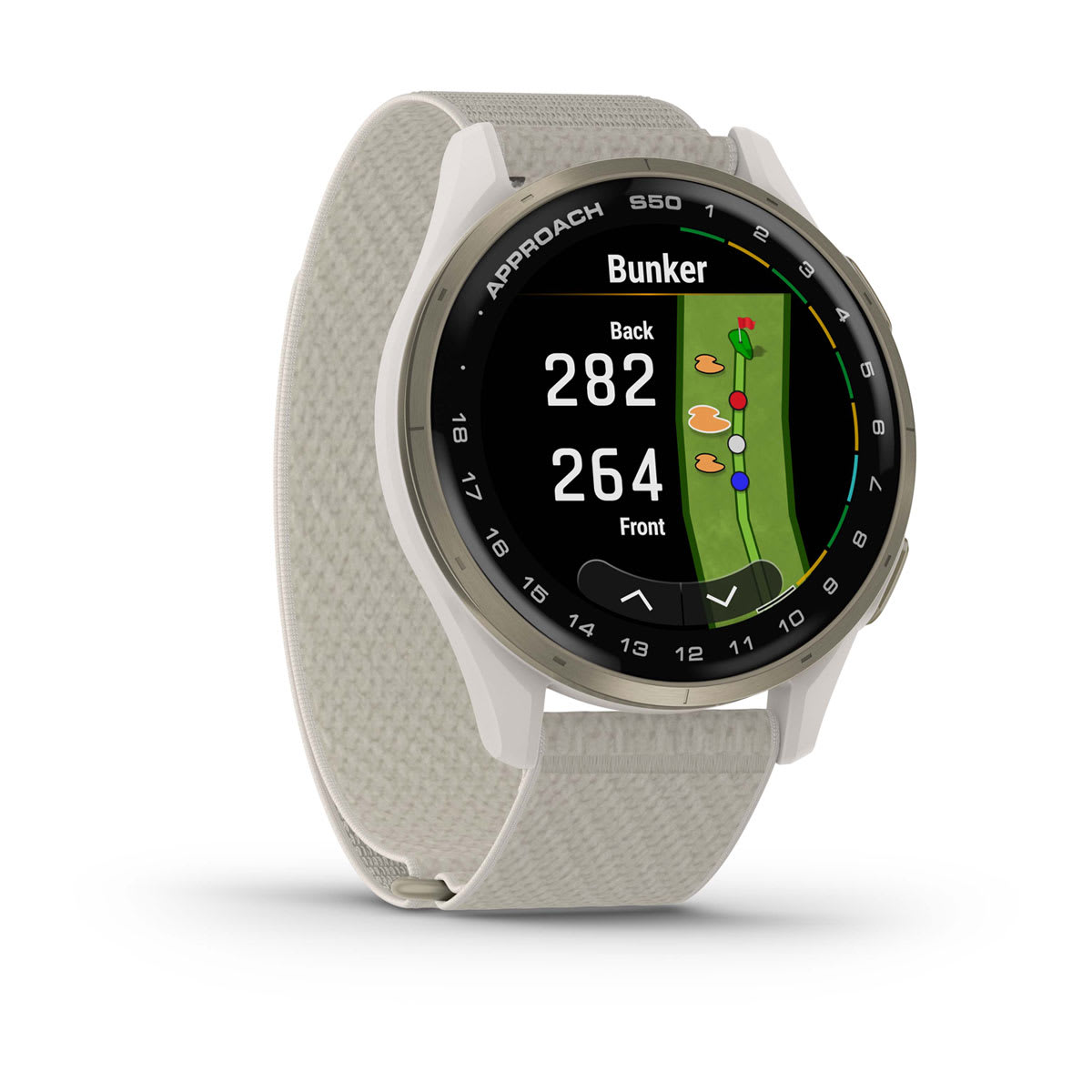 Garmin Approach S44 and S50 GPS Golf Smartwatch – S50: Golf & Fitness Features / Cream Gold Aluminum Bezel with Ivory Nylon Band
