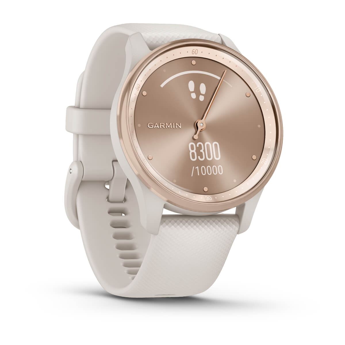Garmin vívomove Trend Hybrid Smartwatch – Peach Gold Stainless Steel Bezel with Ivory Case and Silicone Band