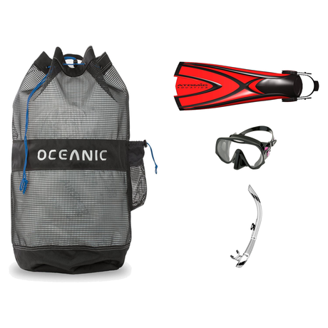 Atomic Frameless Dive Mask + Atomic SV1 Snorkel + Oceanic Mesh Dive Backpack — Black/Pink, M (Medium)