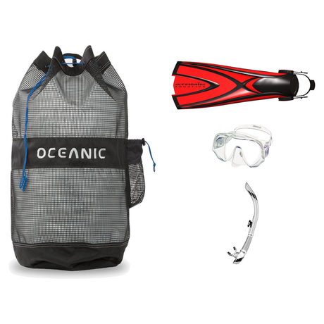 Atomic Frameless Dive Mask + Atomic SV1 Snorkel + Oceanic Mesh Dive Backpack — Clear/Purple, M (Medium)