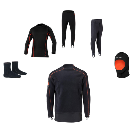 BARE MEN'S POLAR STRETCH MID-LAYER DRYSUIT PACKAGE #1 — includes Bare Polar Stretch Mid-Layer Top Mens Black, Bare Ultrawarm…