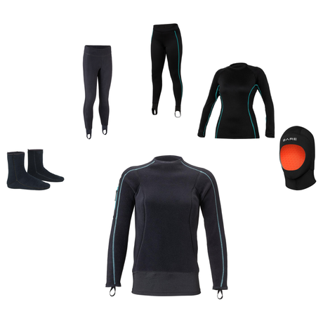 BARE WOMEN'S POLAR STRETCH MID-LAYER DRYSUIT PACKAGE #1 — includes Bare Polar Stretch Mid-Layer Top Womens Black, Bare Ultra…