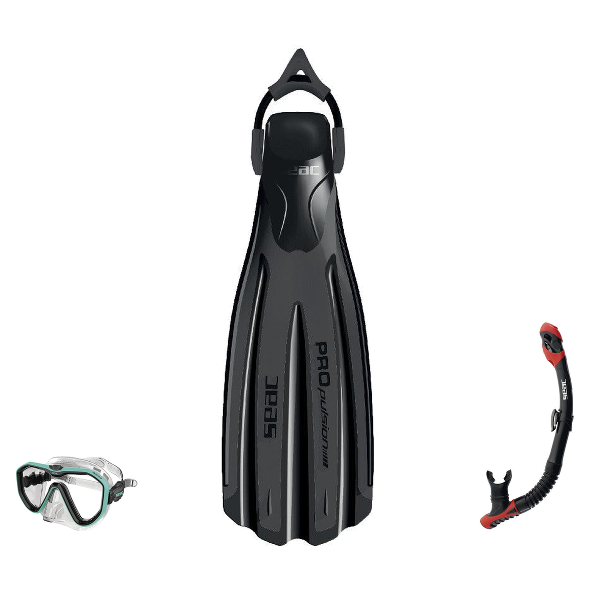 Seac Appeal Dive Mask with Reverse Dry Snorkel & Propulsion Sling Strap Fins Set — Black