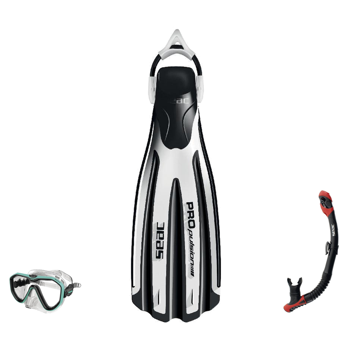 Seac Appeal Dive Mask with Reverse Dry Snorkel & Propulsion Sling Strap Fins Set — White