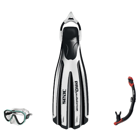 Seac Appeal Dive Mask with Reverse Dry Snorkel & Propulsion Sling Strap Fins Set — White
