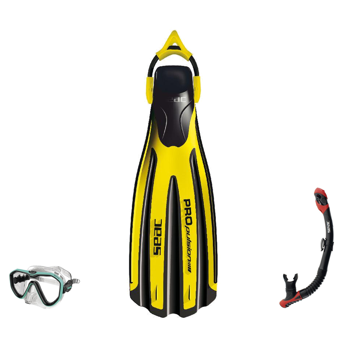 Seac Appeal Dive Mask with Reverse Dry Snorkel & Propulsion Sling Strap Fins Set — Yellow