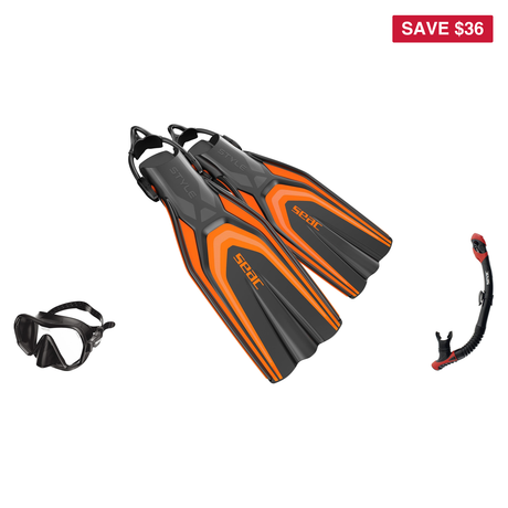 Seac Pura Anti Fog Dive Mask with Reverse Dry Snorkel & Pinne Sling Strap Fins Set — includes Seac Mask Pura Anti-Fog Dive M…
